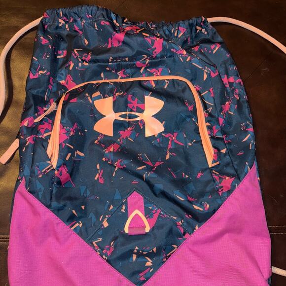 Under Armour Drawstring Backpack Sackpack Teal Pink Front Zip Pocket - Picture 2 of 8
